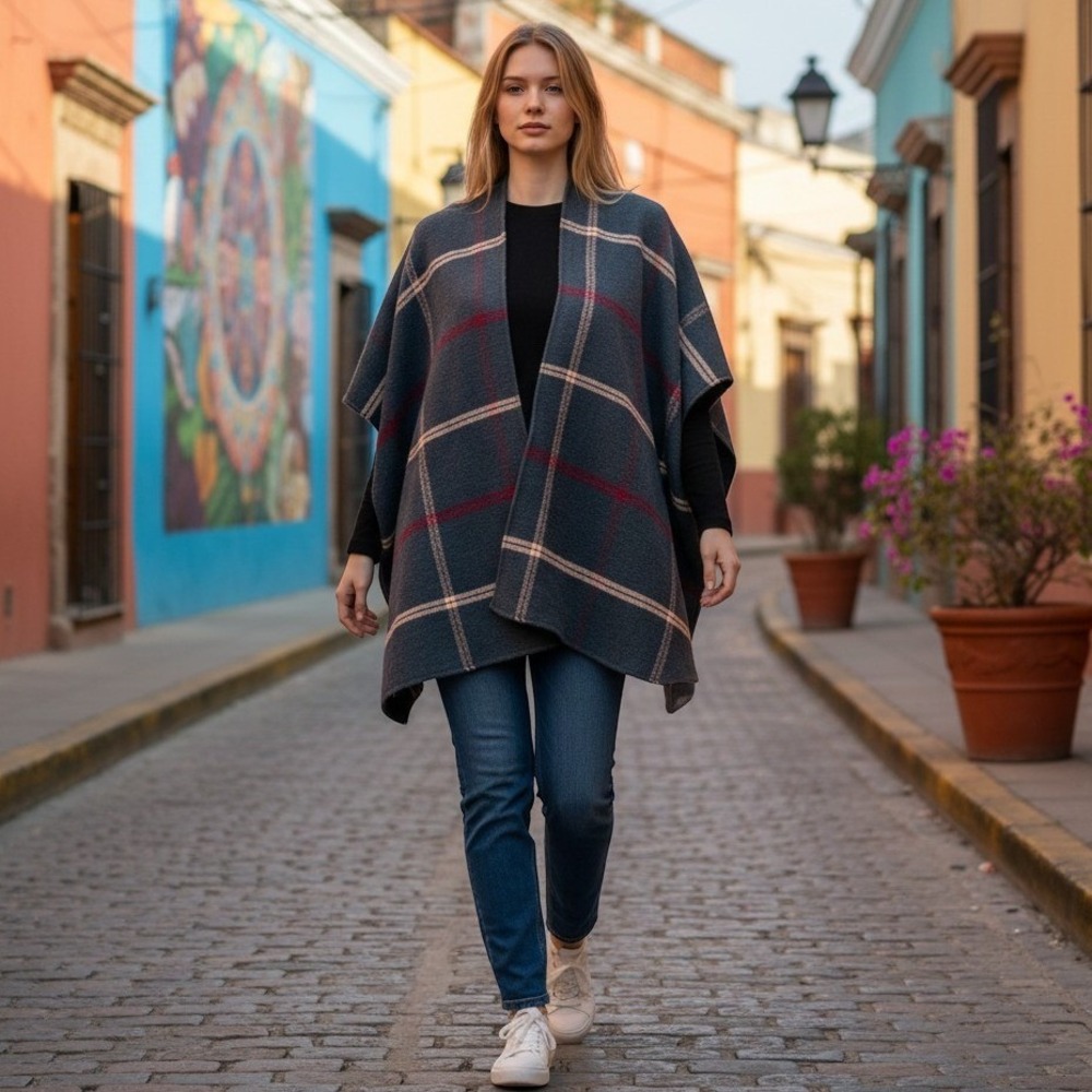 Ann Taylor LOFT‎ Blue Plaid Poncho Wrap Open Front Cape 417167 One Size